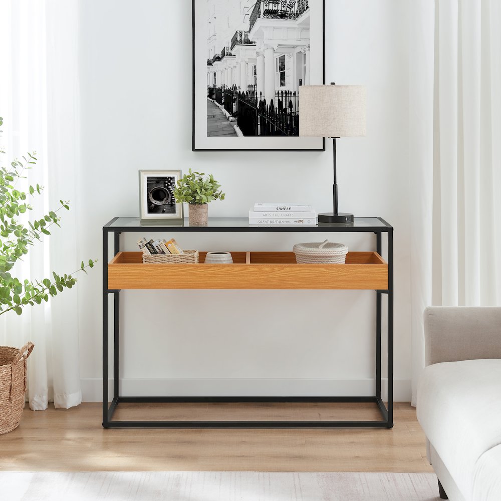 Saarinen 2-Level Sunken Glass Display Shelf Rectangle Console Table - Golden Oak. Picture 3