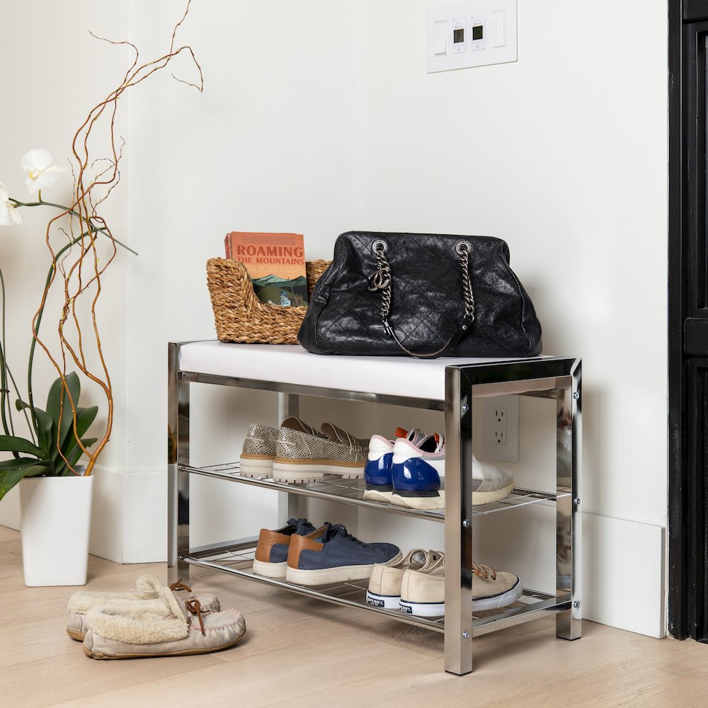 White Leatherette Storage Entryway Bench with Chrome Frame. Picture 3