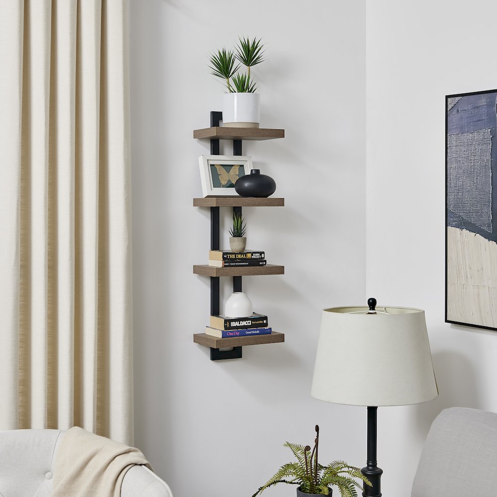 4-Tier Ladder Bracket Floating Wall Shelves - Black Metal and Walnut Finish. Picture 9
