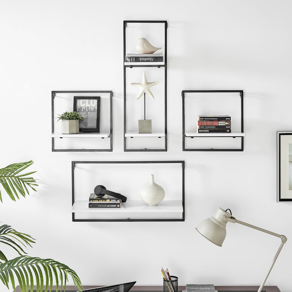 Framed Wall Art 4-Piece Modern Shelf Set - Black Metal Frame White MDF Shelves. Picture 3