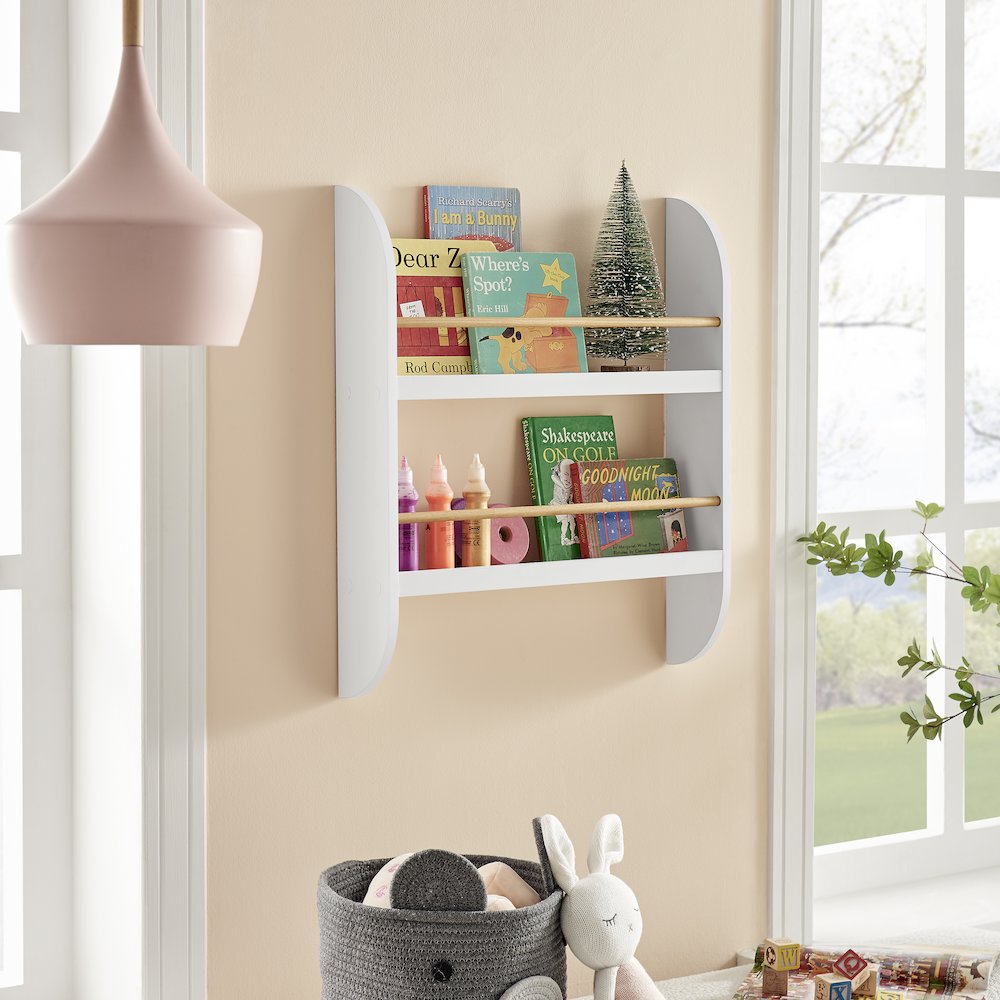 Steiner White Rounded 2-Tier Kids Book Magazine Wall Bookcase - Wood-toned Rods. Picture 4