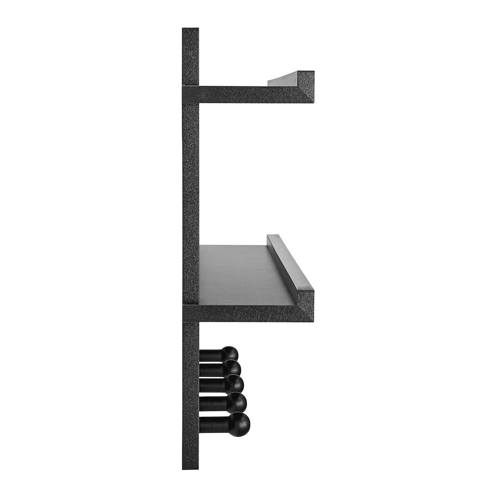 2-Tier Ledge Wall Shelf Organizer with 5 Hanging Coat or Towel Hooks - Black. Picture 13