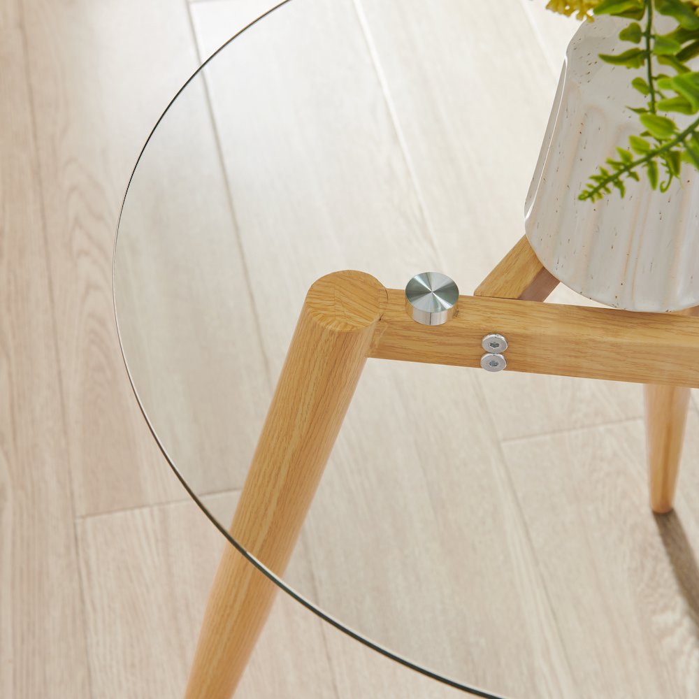 Van Beuren Side Table Modern Metal Taper Legs and Clear Glass Tabletop - Beech. Picture 8