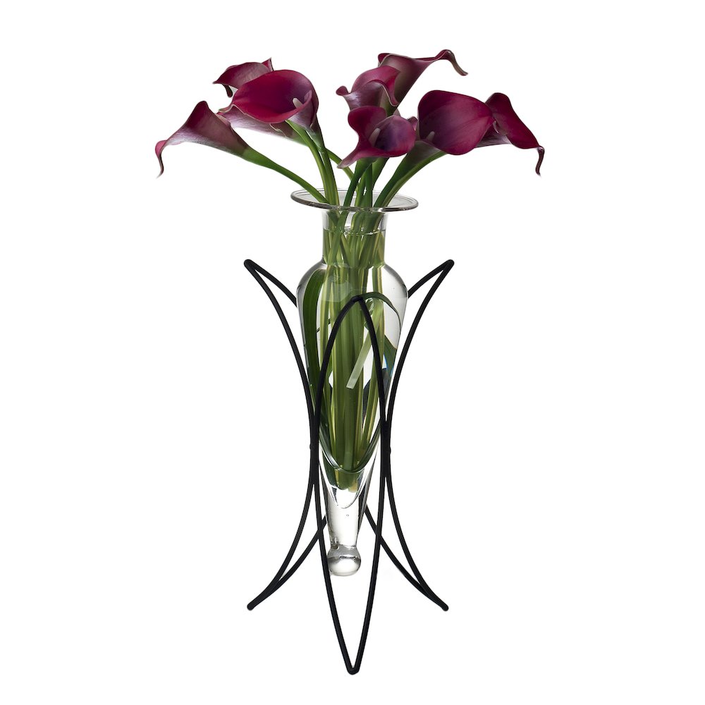 Clear Amphora Vase on Half Moon Metal Stand. Picture 1