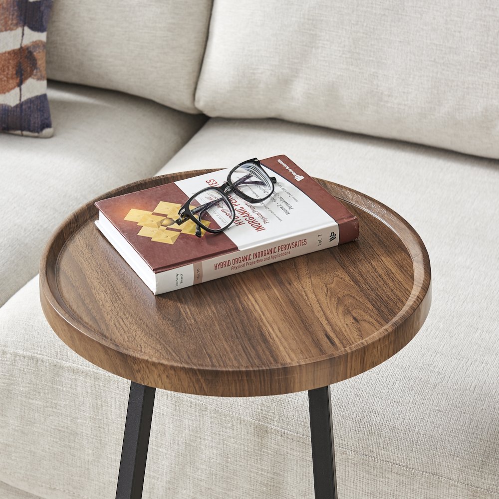 Addison Round Raised Lip Edge Angled Couch-Side Accent C-Table - Walnut/Black. Picture 9