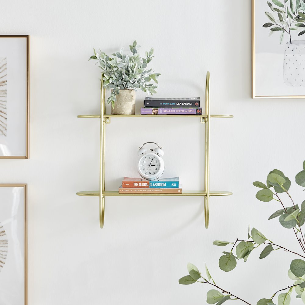 Two-Tier Warm Gold Metal Hanging Bracket Wall Mounted Shelf. Picture 2
