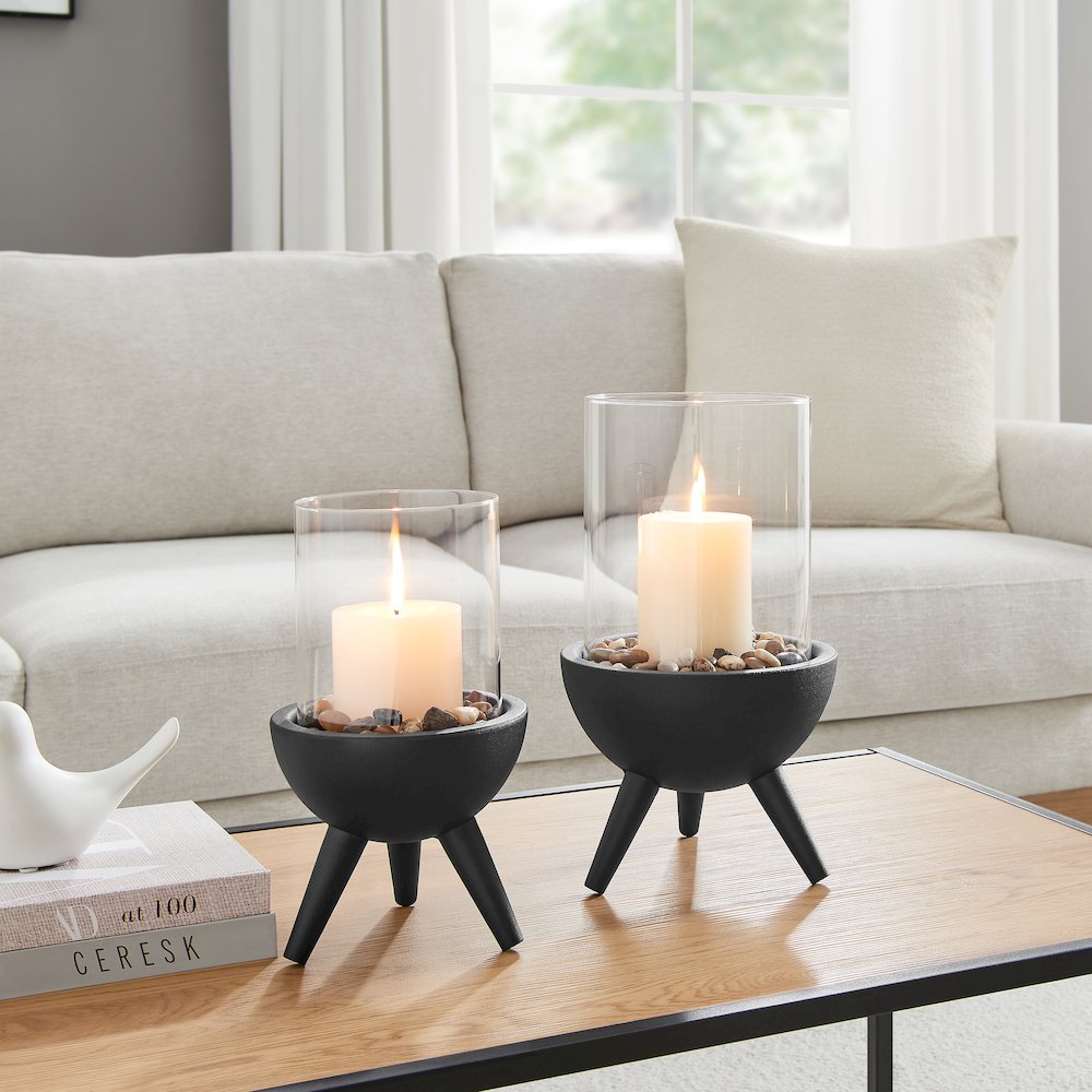 Molta Modern Black Metal Bold Pedestal Glass Pillar Votive Candle Holder - Small. Picture 8