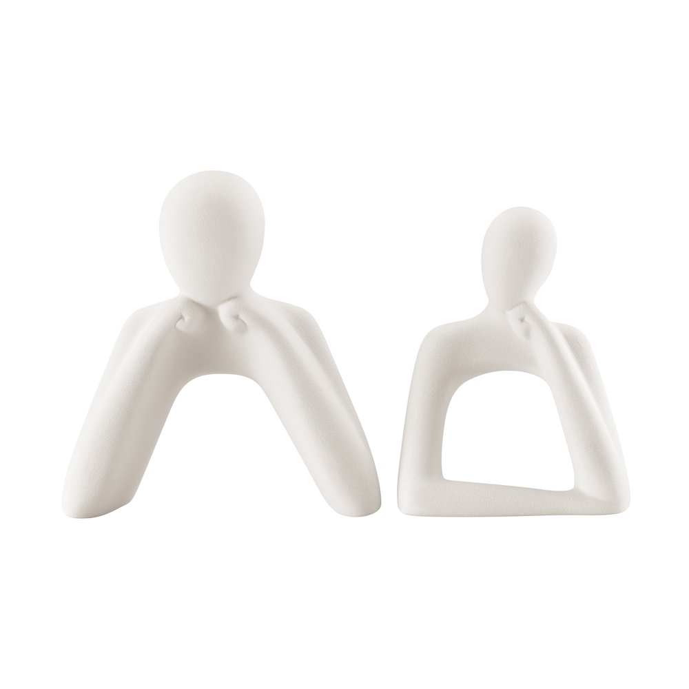 Hans Tanka Cream Abstract 2 Piece Thinking Couple Matte Ceramic Sculptures Set. Picture 1