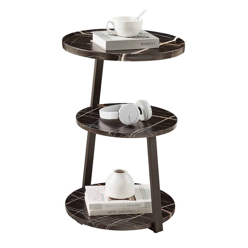 Skylar Round 3-Tier Side Accent Table with Raised Lip Edge - Black Marble/Black. Picture 12