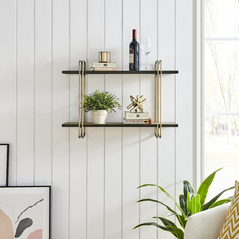 Two-Tier Warm Gold Washed Oak Brown Metal Bracket Wall Mounted Shelf. Picture 2