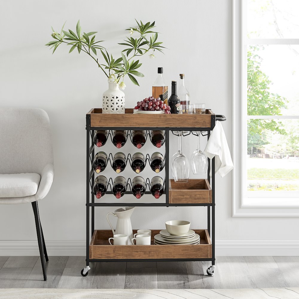 Rustic Walnut Metal Rolling Farmhouse Wine Bar Cart with Bottle and Glass Rack. Picture 5