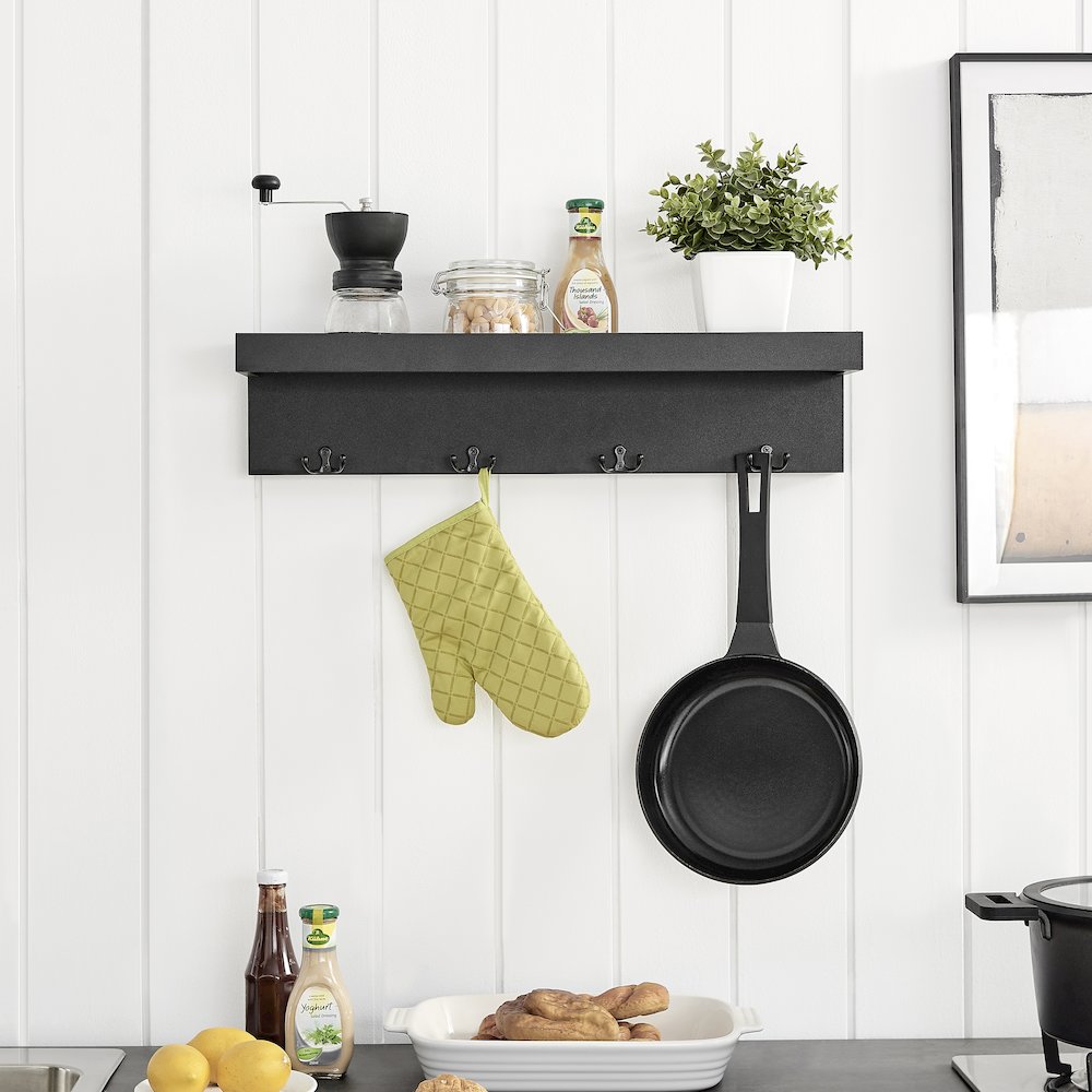 Wall Mounted Entryway Coat Rack with Decorative Ledge Shelf and Hooks - Black. Picture 3