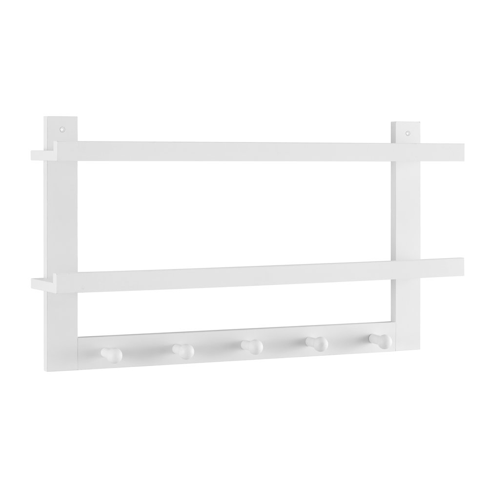 Two-Tier Ledge Shelf Wall Organizer with Five Hanging Hooks - White. Picture 1