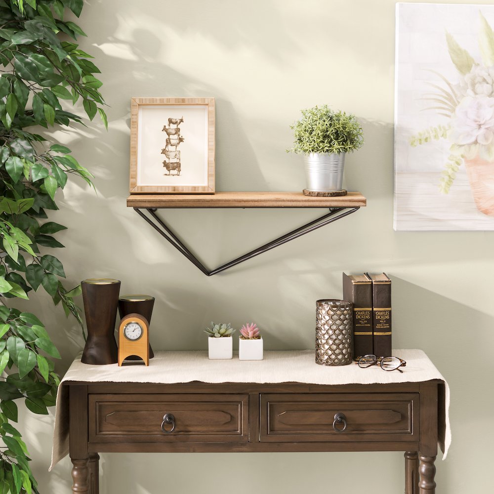 Rustic Wall Mount Pine Wood Shelf with Diamond-Shaped Iron Bracket. Picture 3