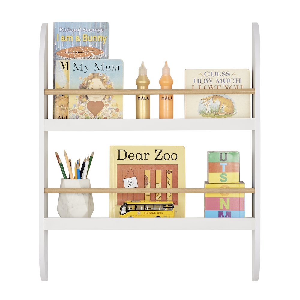 Steiner White Rounded 2-Tier Kids Book Magazine Wall Bookcase - Wood-toned Rods. Picture 12