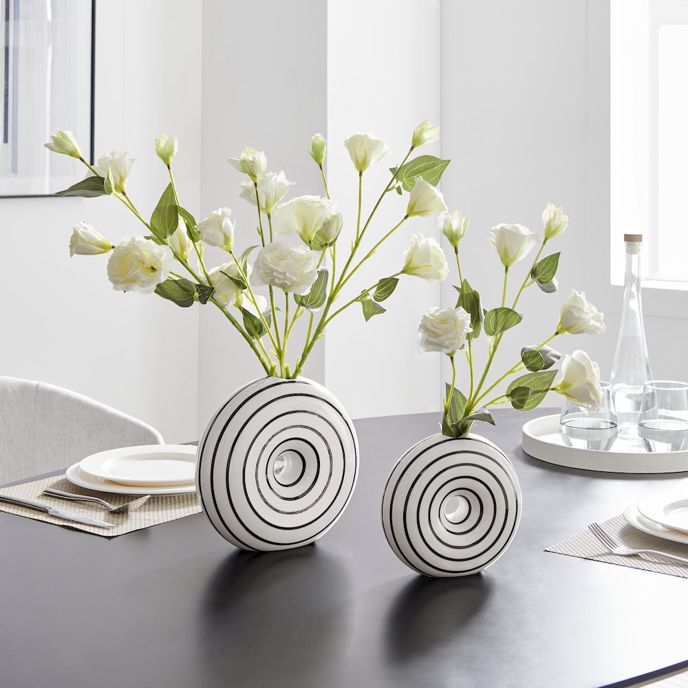 Etta 2 Piece Ceramic Black and White Striped Round Hollow Circle Donut Vase Set. Picture 3