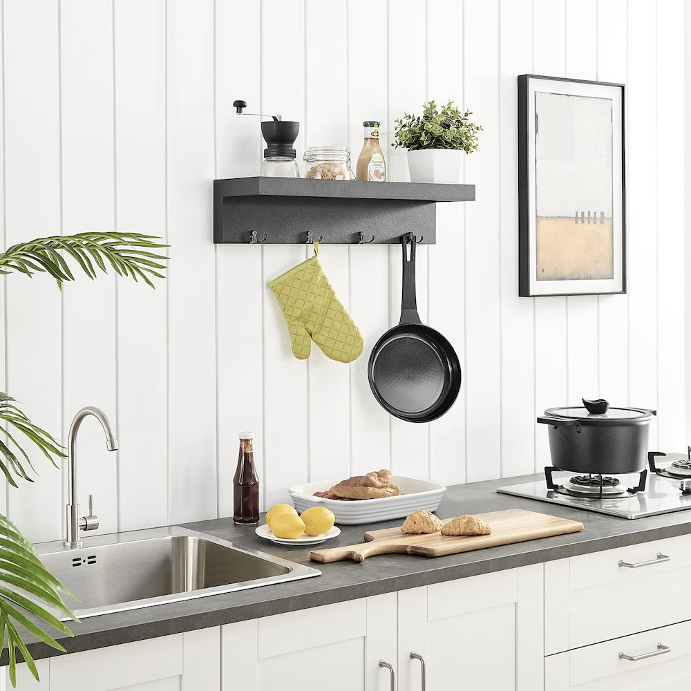 Wall Mounted Entryway Coat Rack with Decorative Ledge Shelf and Hooks - Black. Picture 7