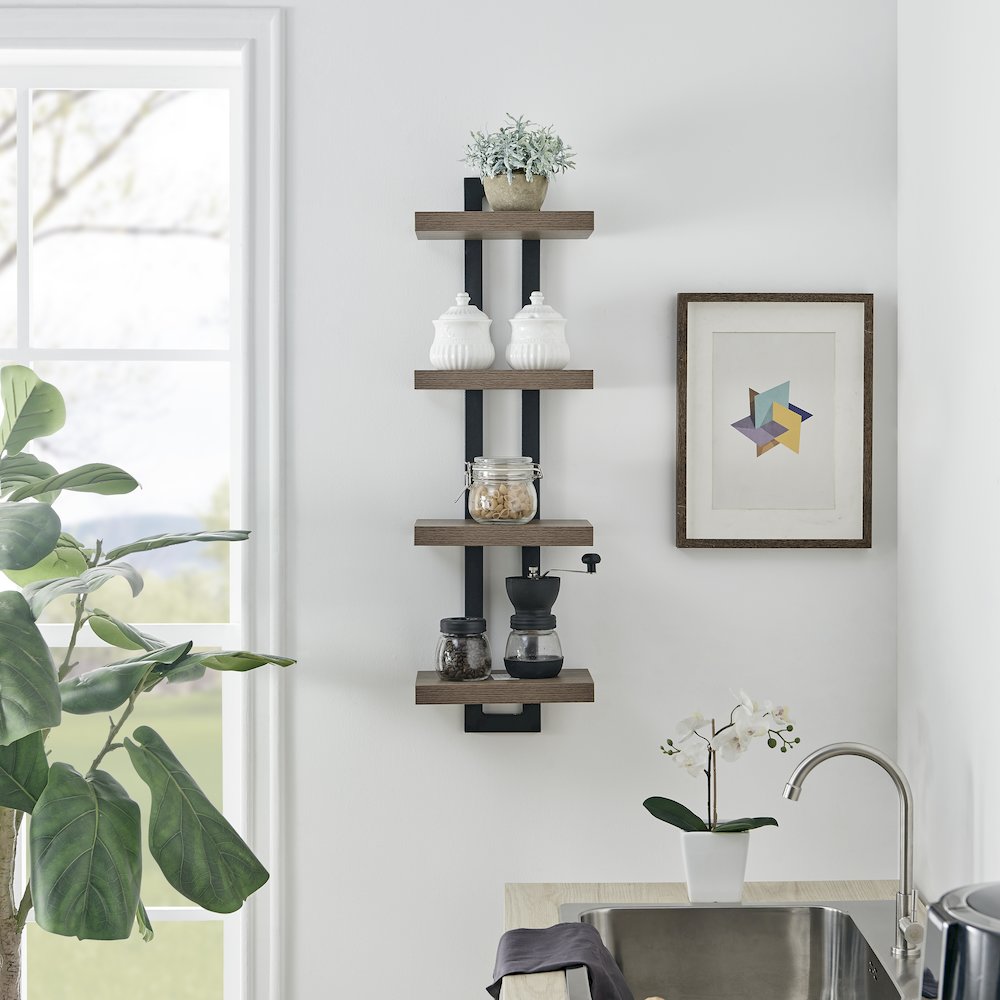 4-Tier Ladder Bracket Floating Wall Shelves - Black Metal and Walnut Finish. Picture 2