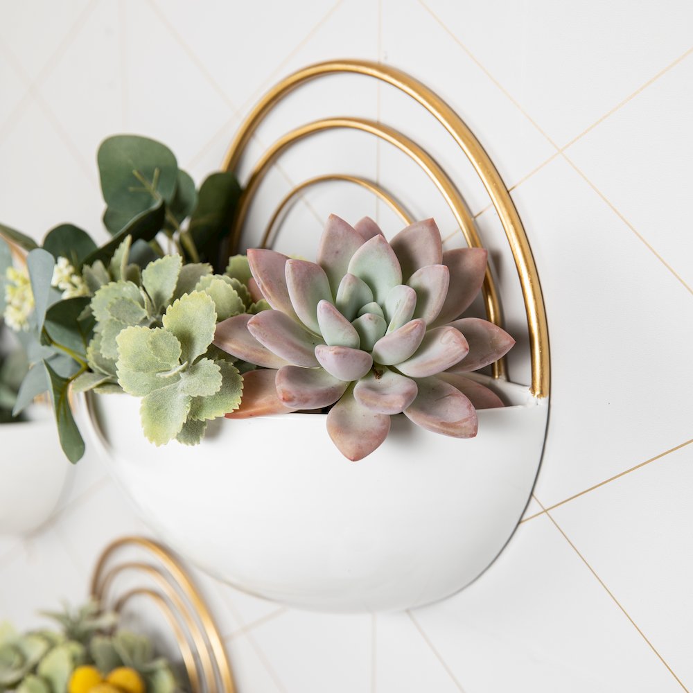 Crescent 3-Piece Metal Wall Planter Set - White with Gold Detail. Picture 5