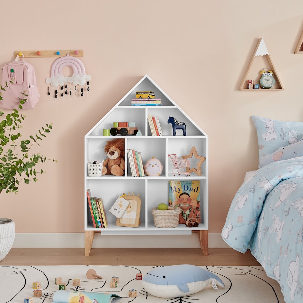 Steiner White Dollhouse 8-Compartment Kids Freestanding Bookshelf - Beech Legs. Picture 3