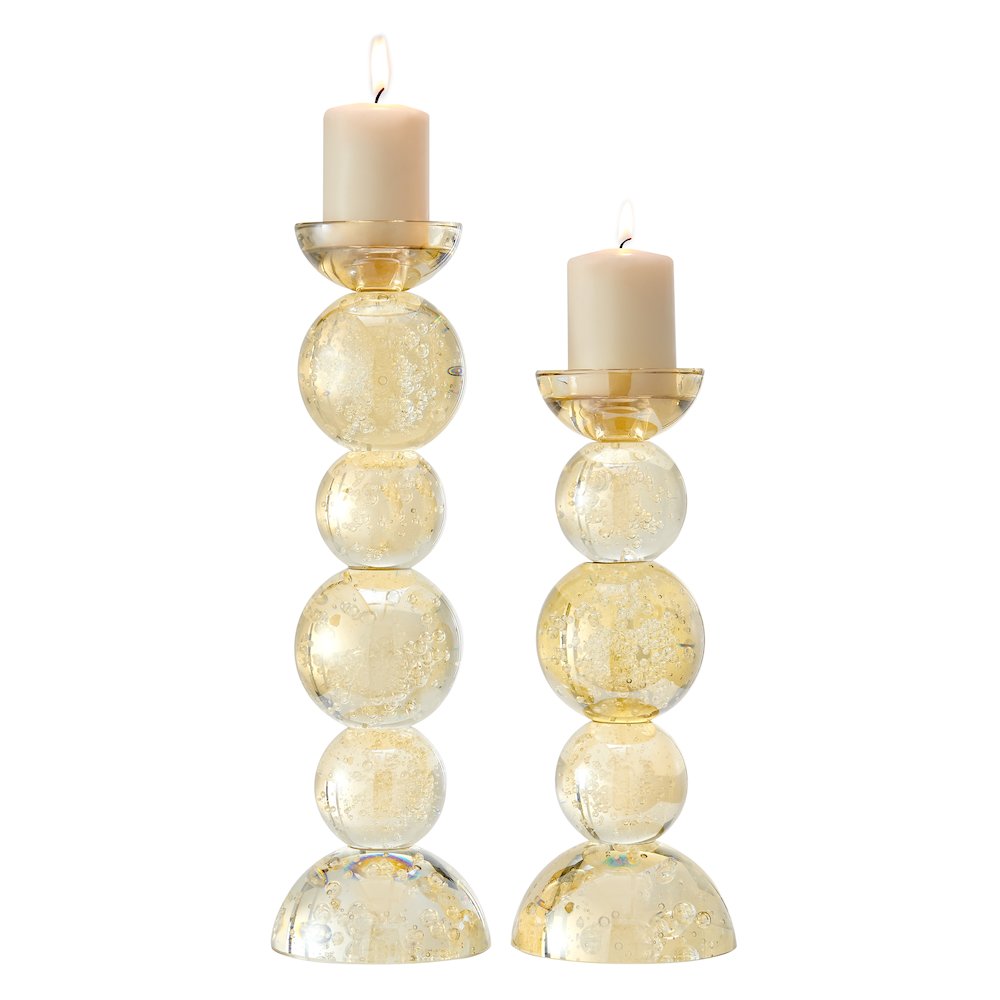 Enya Champagne Gold Tint Bubble Glass Stacked Orb Pillar Candle Holder Set of 2. Picture 7