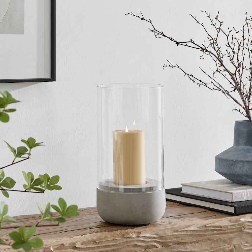 Cool Gray Cement Base and Glass Pillar Hurricane Candle Holder - Large. Picture 5
