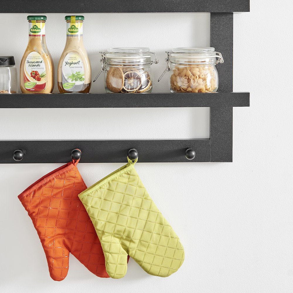 2-Tier Ledge Wall Shelf Organizer with 5 Hanging Coat or Towel Hooks - Black. Picture 9