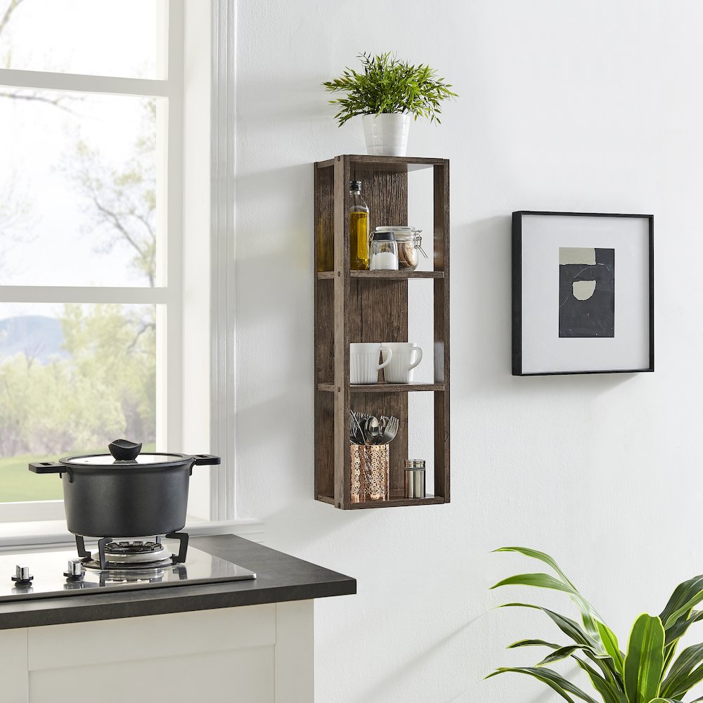 Recife Vertical Three-Tier Modern Shadow Box Cube Display Wall Shelf - Hickory. Picture 8
