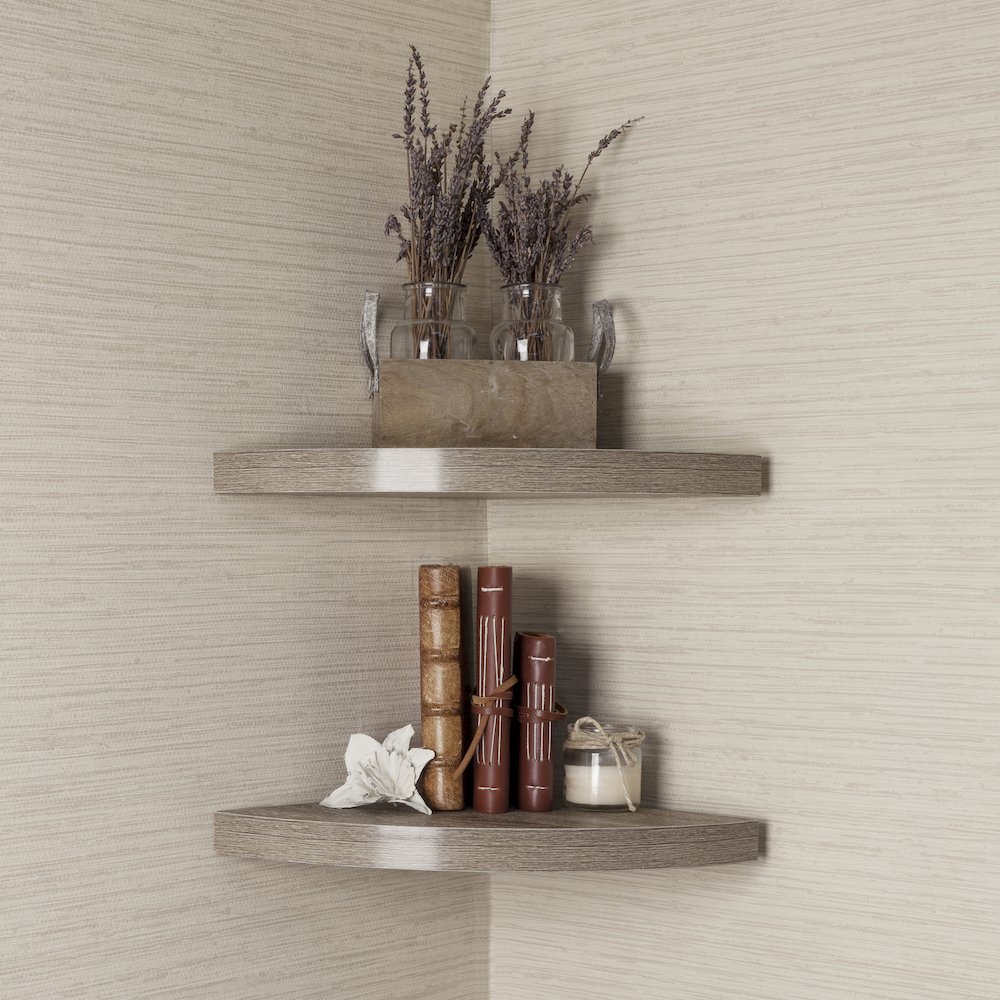 Rustic Weathered Oak Corner Radial Shelves (Set of 2). Picture 2