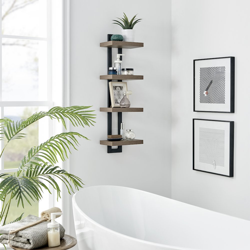 4-Tier Ladder Bracket Floating Wall Shelves - Black Metal and Walnut Finish. Picture 8