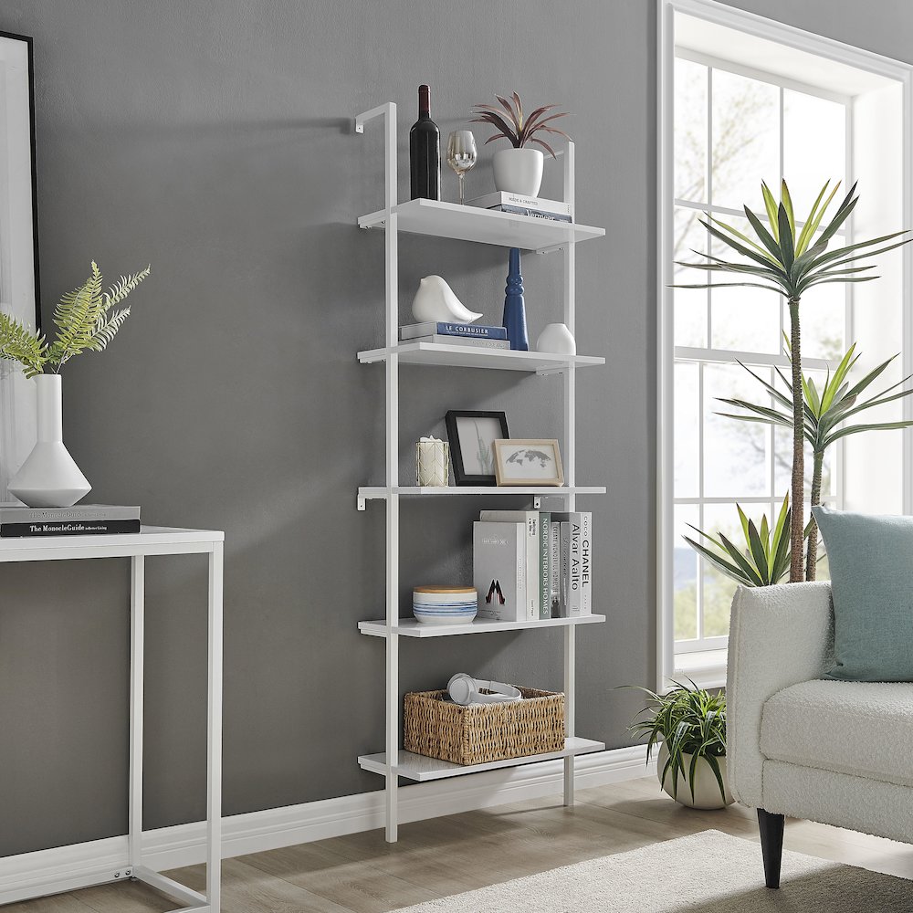 Everett 5-Tier Open Display Wall Mount Metal Frame Ladder Shelf - White/White. Picture 7