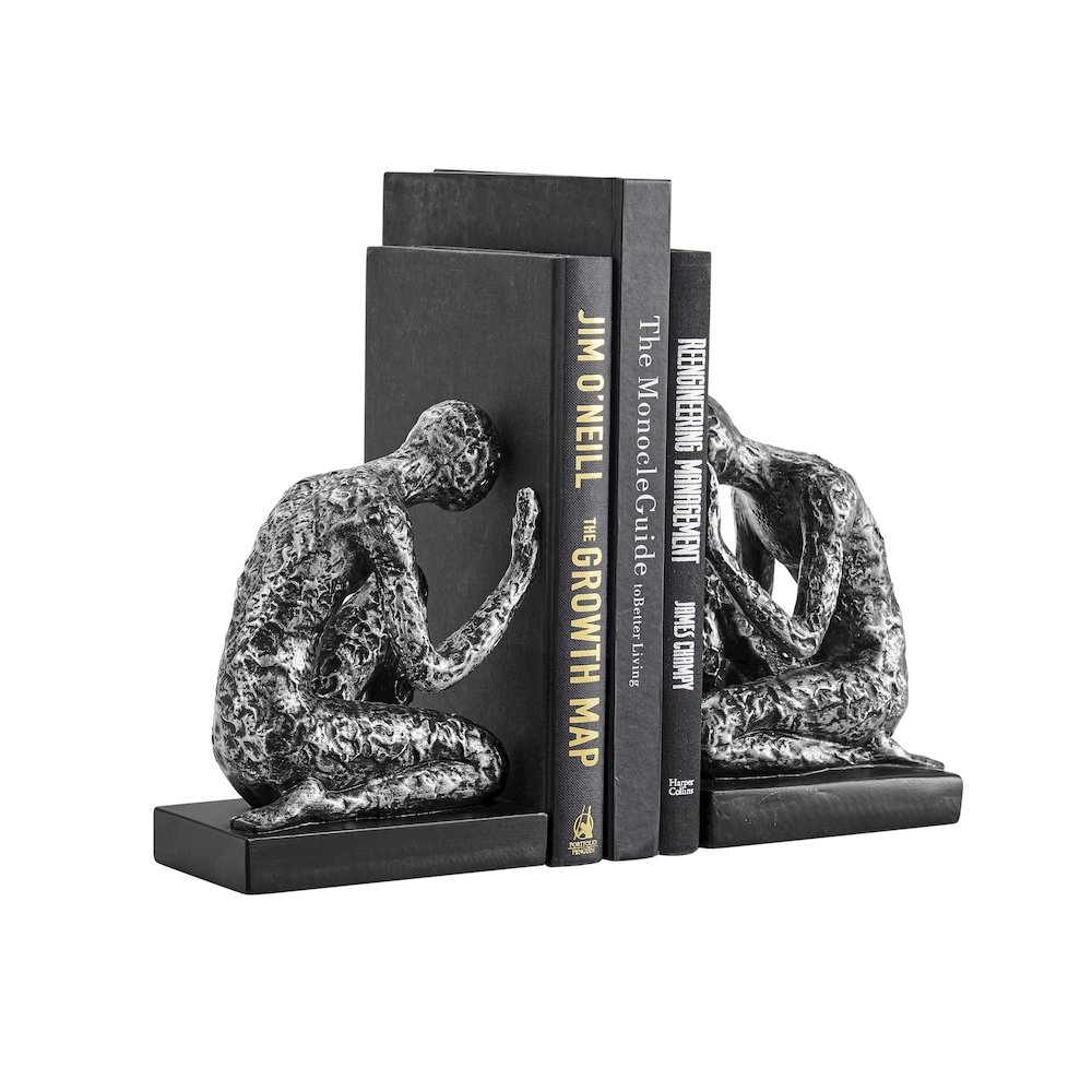 Kneeling Figure Sculptures Polyresin Silver and Black Bookend Set of 2. Picture 9