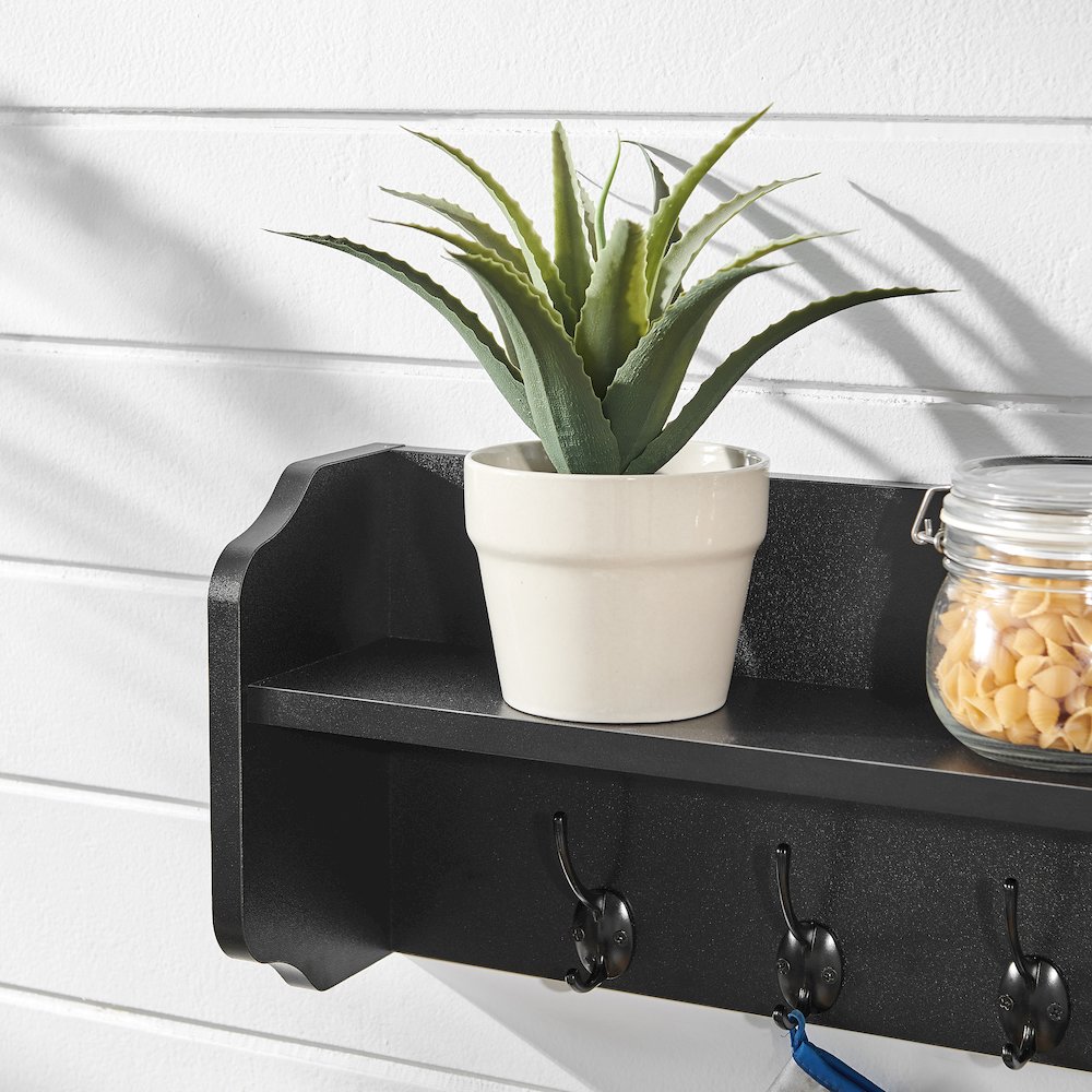 Entryway Floating Utility Wall Shelf with Hooks – Wall Mounted - Black. Picture 9