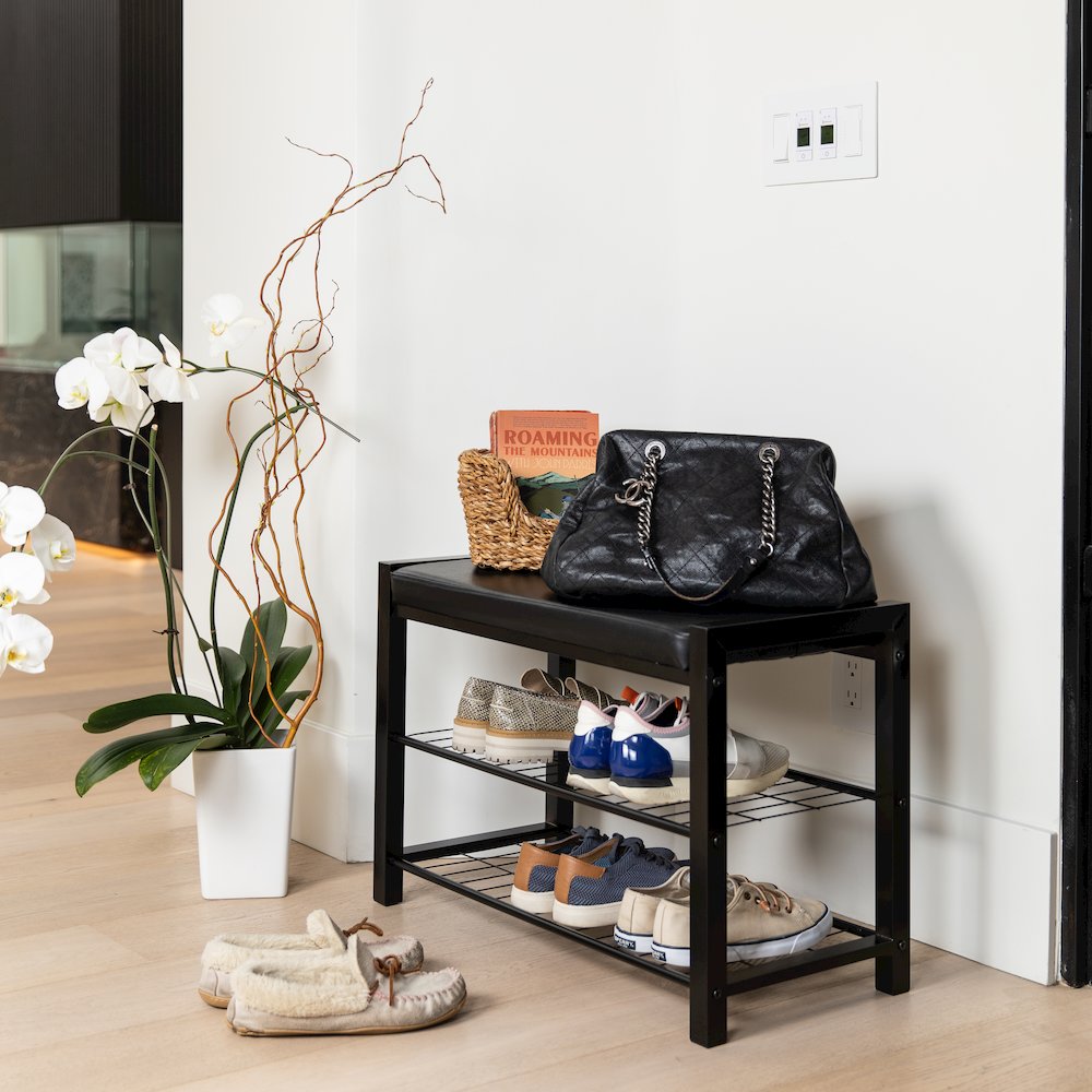 Black Leatherette Entryway Bench with Two Black Metal Shoe Racks. Picture 3