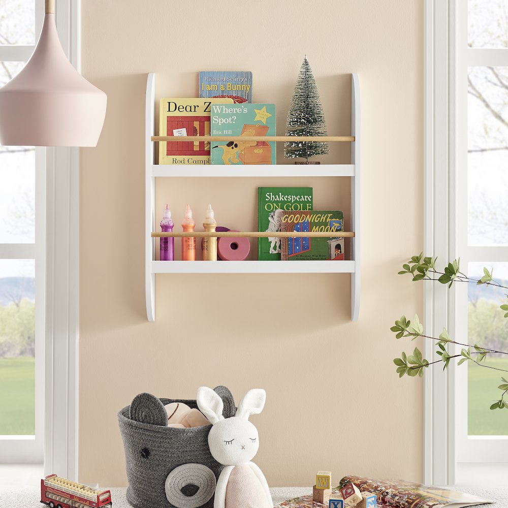 Steiner White Rounded 2-Tier Kids Book Magazine Wall Bookcase - Wood-toned Rods. Picture 2