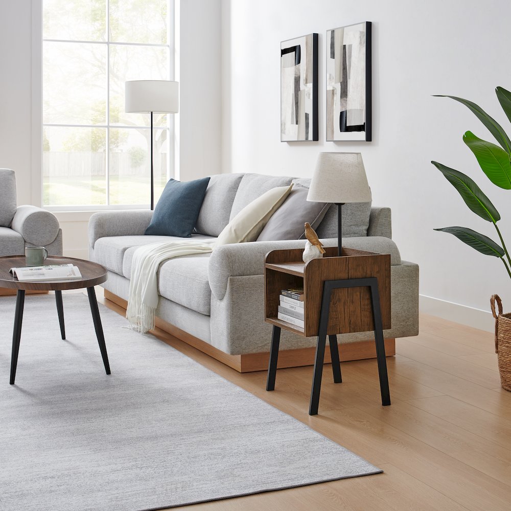 Kazuyo Mid-Century Modern Black Metal Two-Tier End Side Table - Walnut. Picture 7