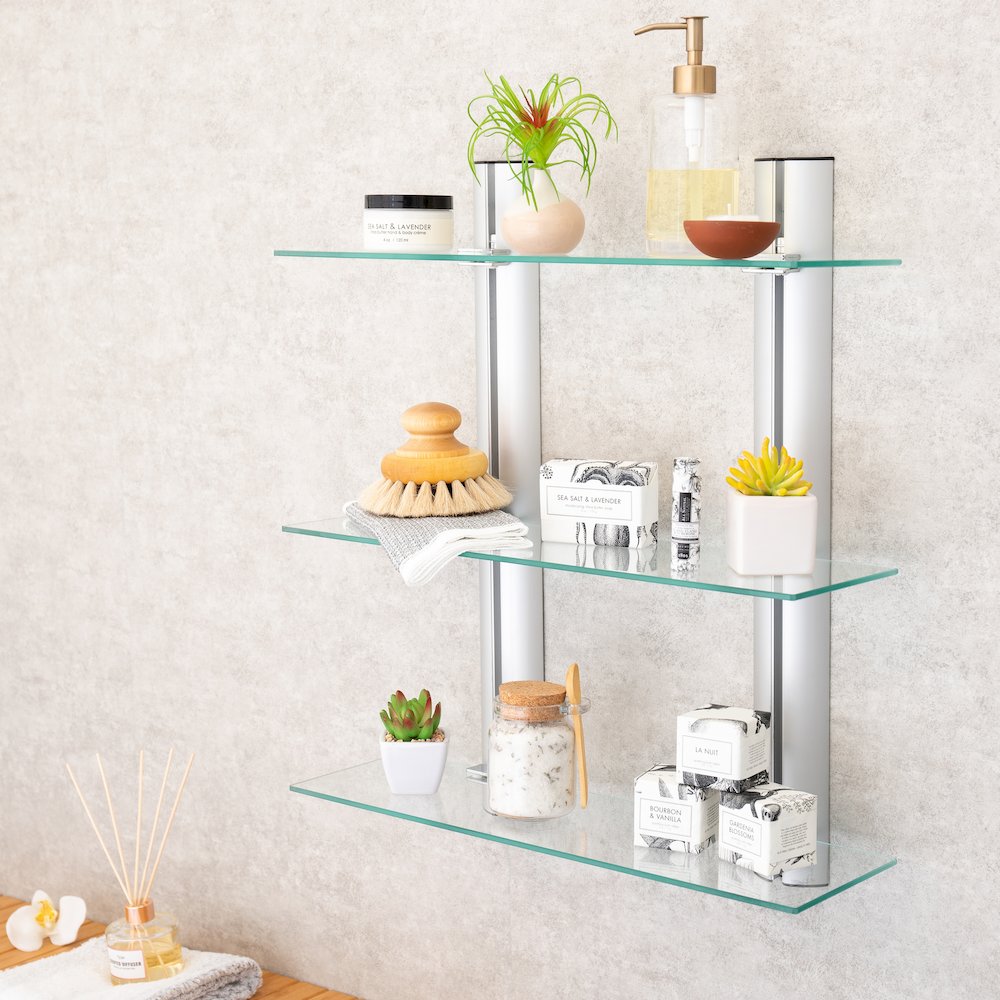 Bathroom Wall-Mount 3-Tier Adjustable Glass Wall Shelves on Aluminum Bars. Picture 2