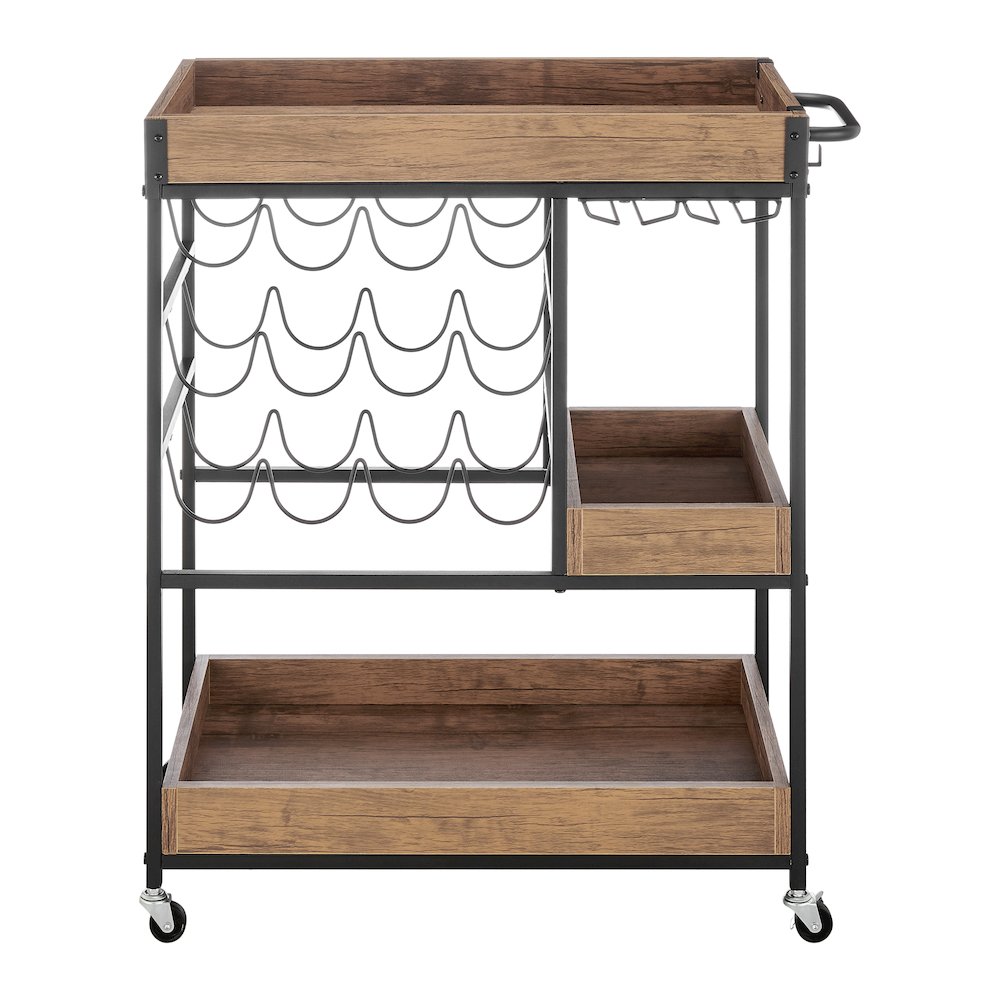 Rustic Walnut Metal Rolling Farmhouse Wine Bar Cart with Bottle and Glass Rack. Picture 1