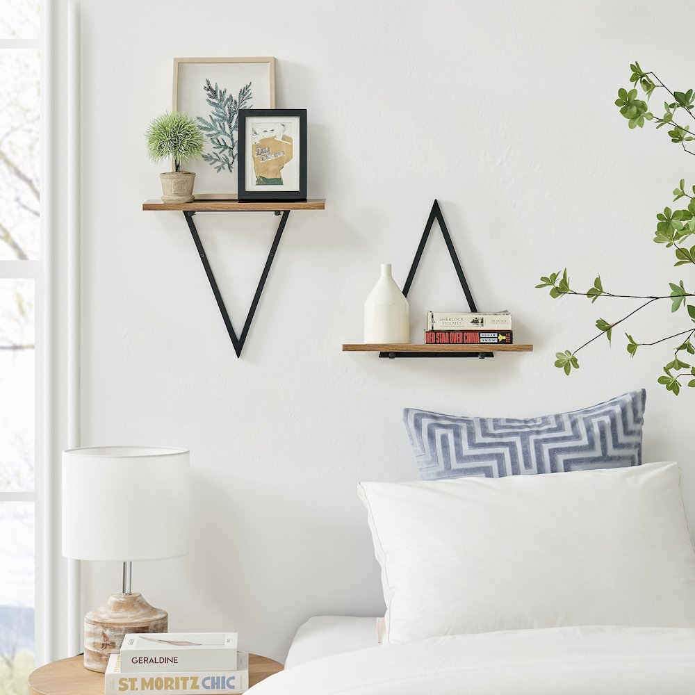 Triangle Accent Wall Shelf Reversible Configuration - Black Metal Walnut Finish. Picture 4
