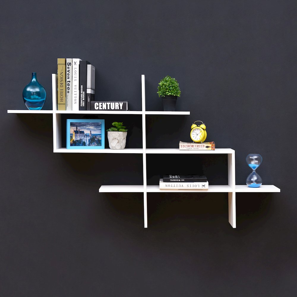 3-Tier Hanging Wall Mount Floating Ladder Asymmetrical Accent Shelf – White. Picture 5