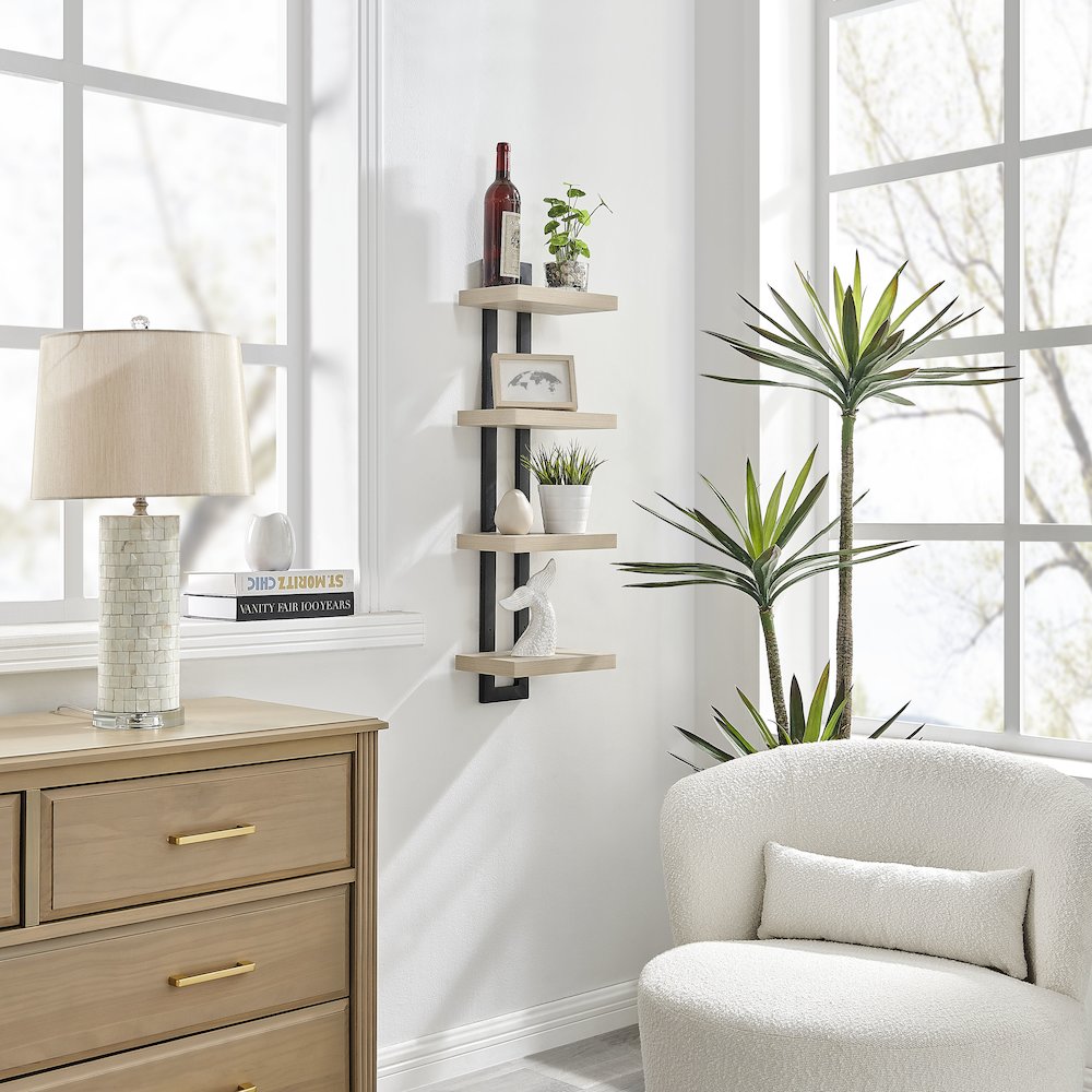 4-Tier Ladder Bracket Floating Wall Shelves - Black Metal and White Birch Finish. Picture 10
