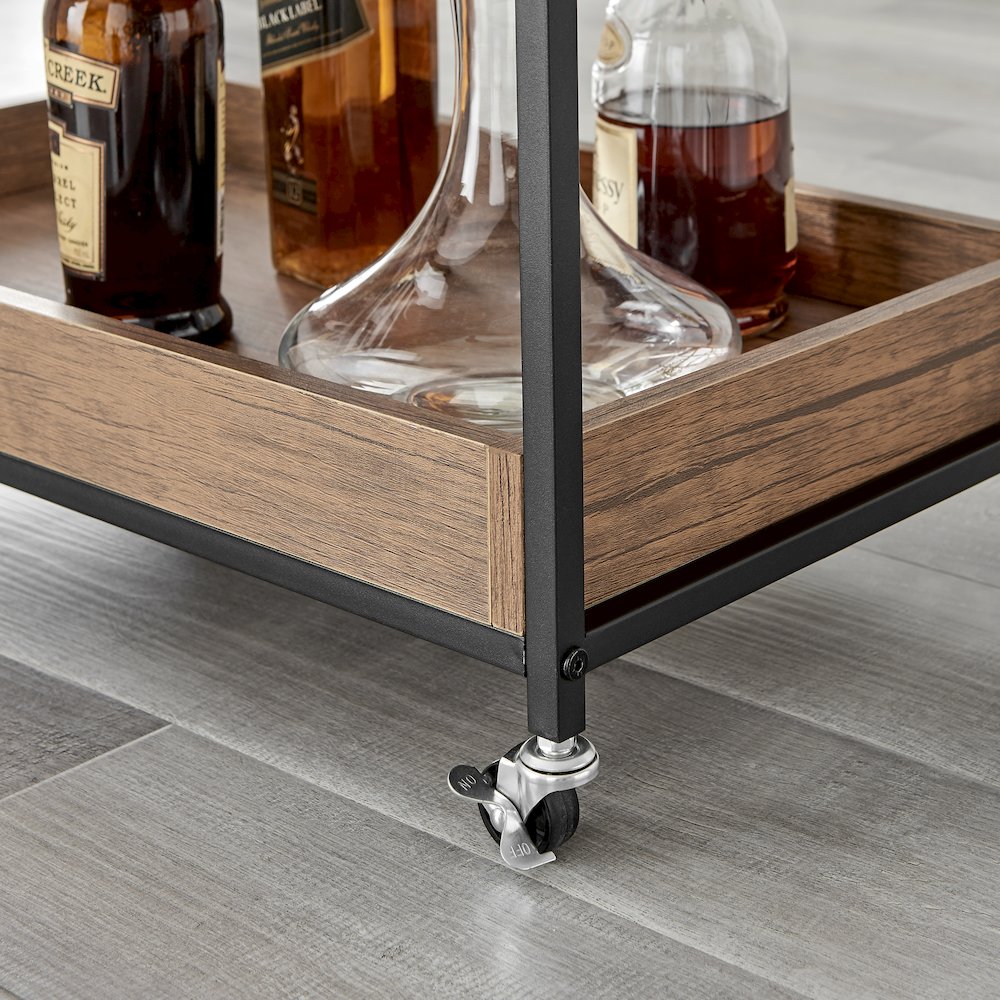 Rustic Walnut Metal Rolling Farmhouse Wine Bar Cart with Bottle and Glass Rack. Picture 11