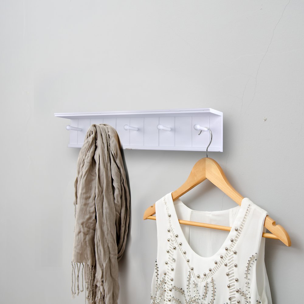 24" Wall Mount Coat Rack with 5 Hanger Hooks and Display Shelf - White. Picture 2