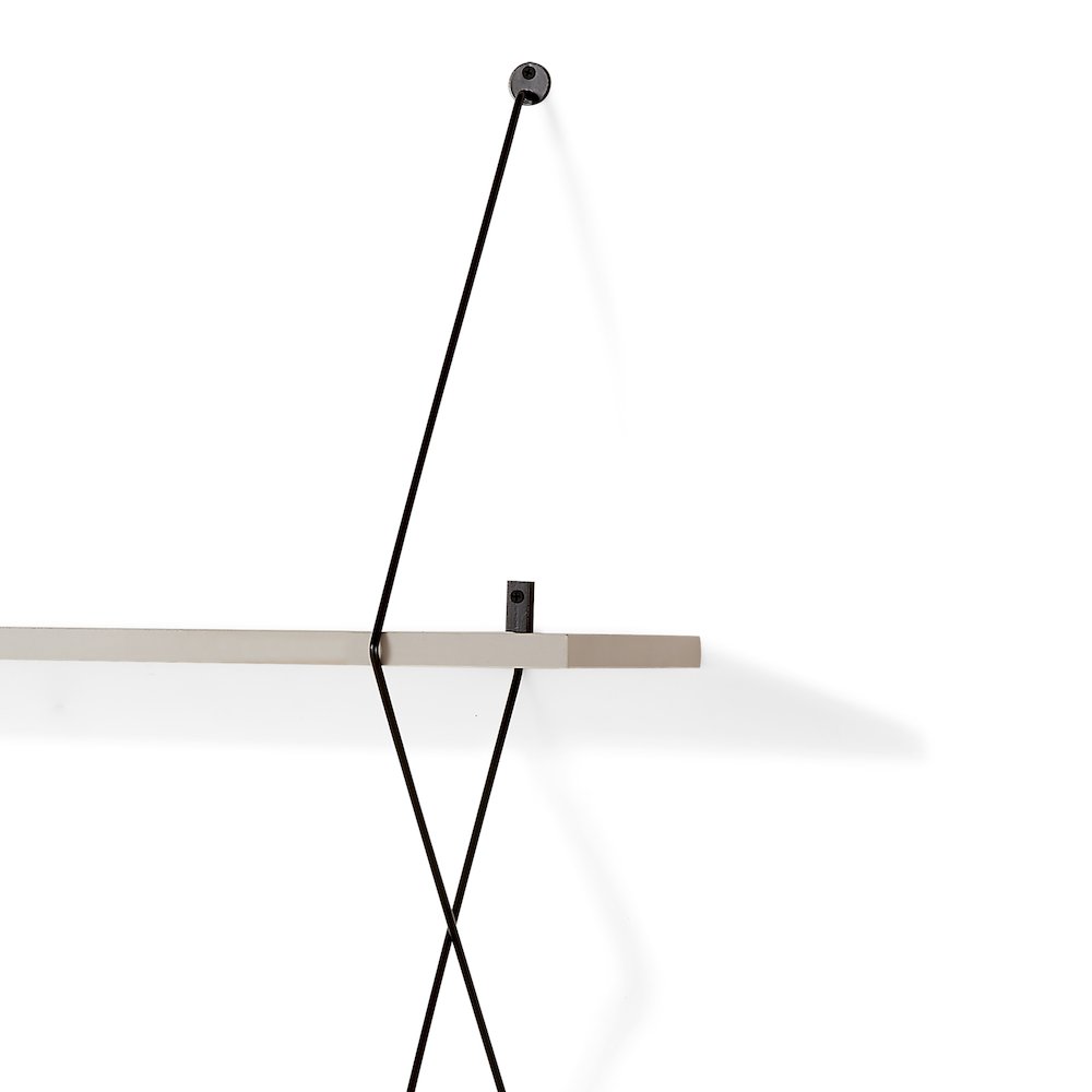 Contemporary Two Level Grey Shelving System with Black Wire Brackets. Picture 4