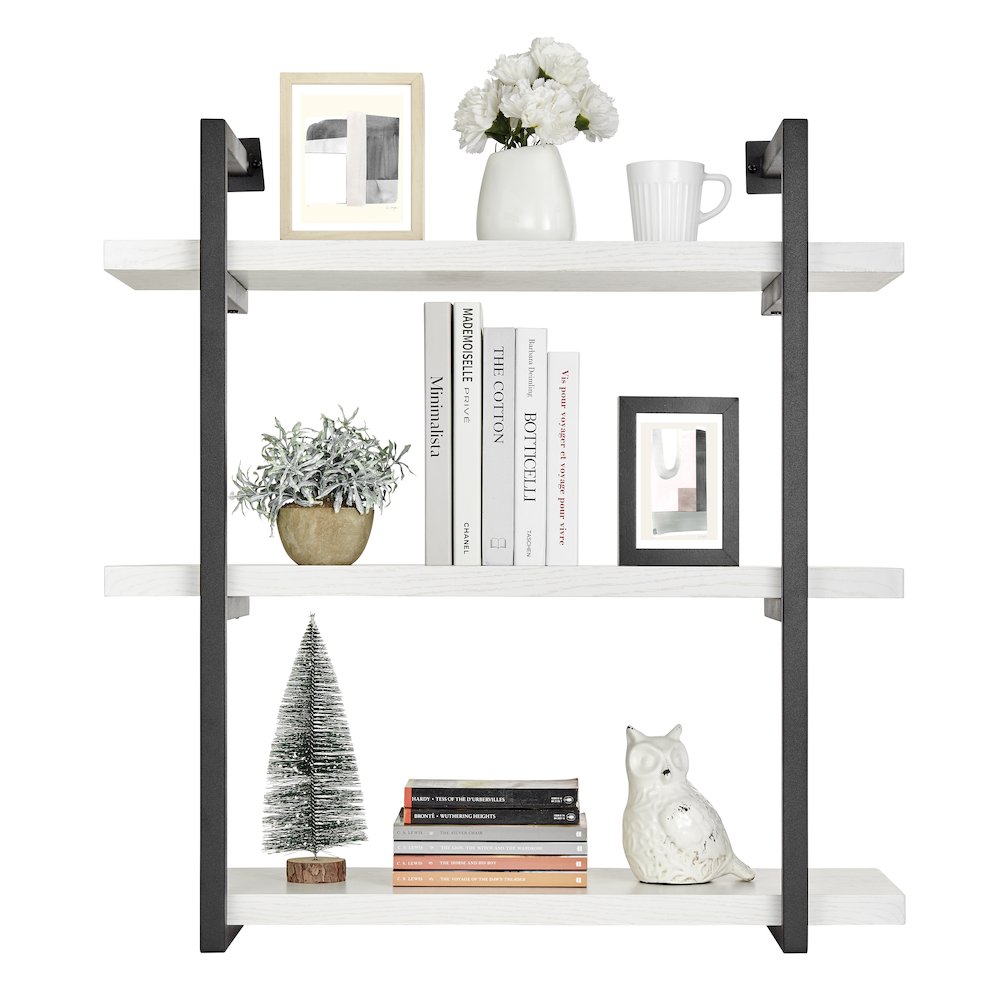 Modern 3-Tier Hanging Bracket Wall Shelves in Black Metal and White Birch Finish. Picture 13