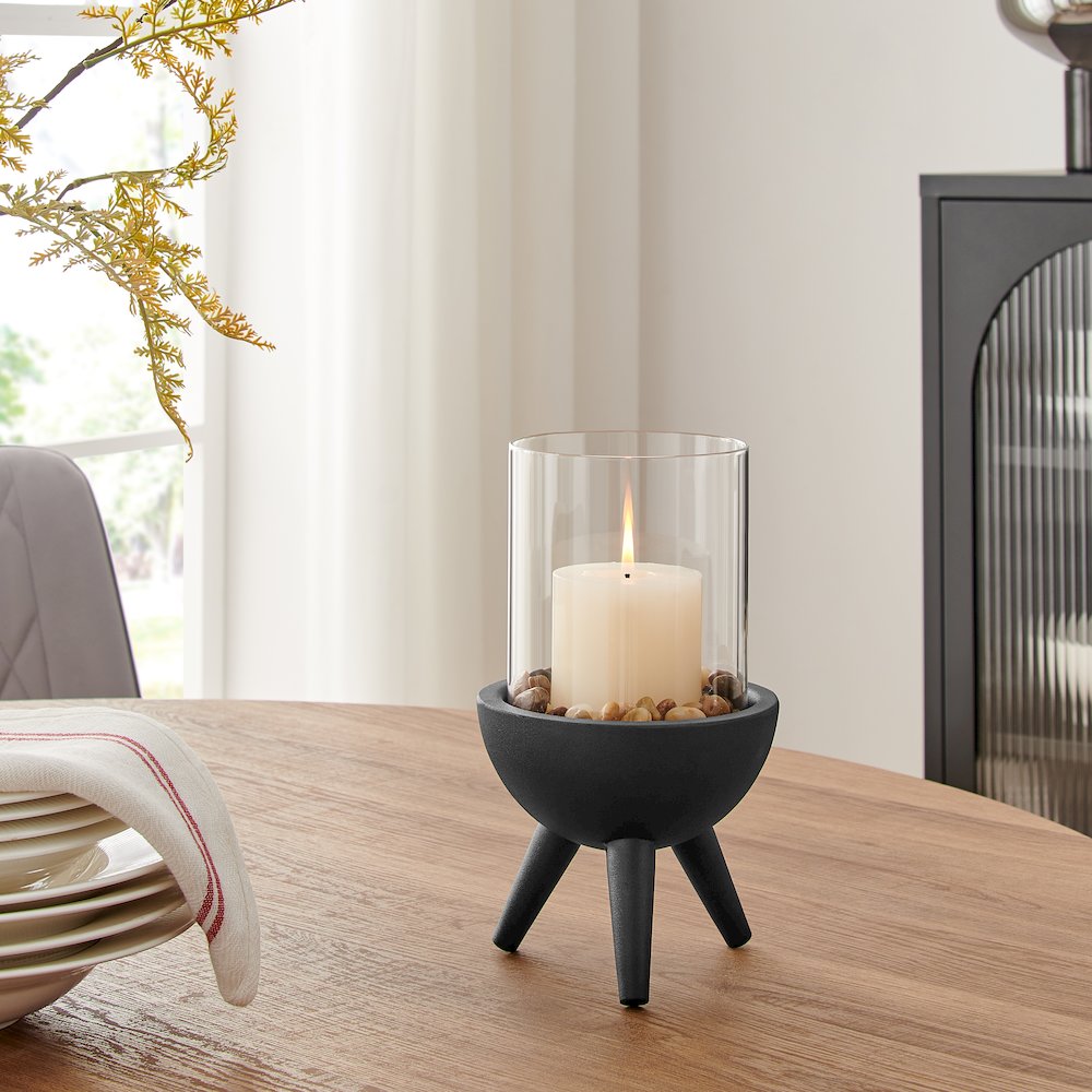 Molta Modern Black Metal Bold Pedestal Glass Pillar Votive Candle Holder - Small. Picture 2