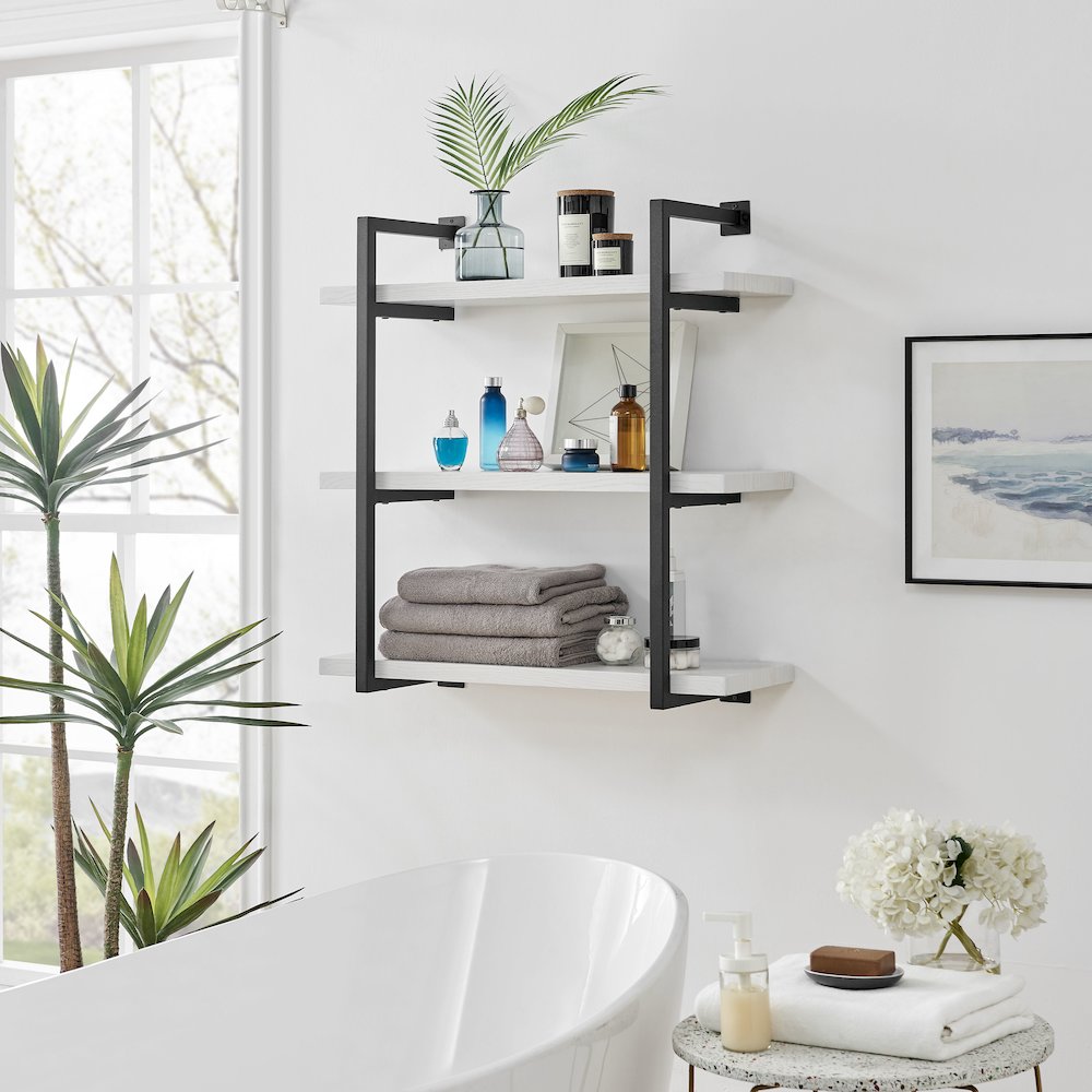 Modern 3-Tier Hanging Bracket Wall Shelves in Black Metal and White Birch Finish. Picture 8