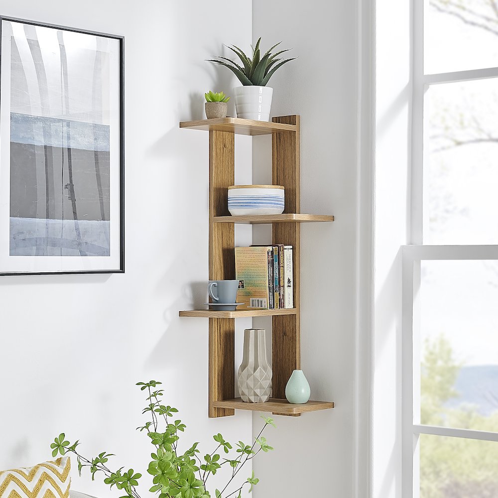Alvar Corner 4-Tier Floating Ledge Column Wall Shelf - Chestnut. Picture 6