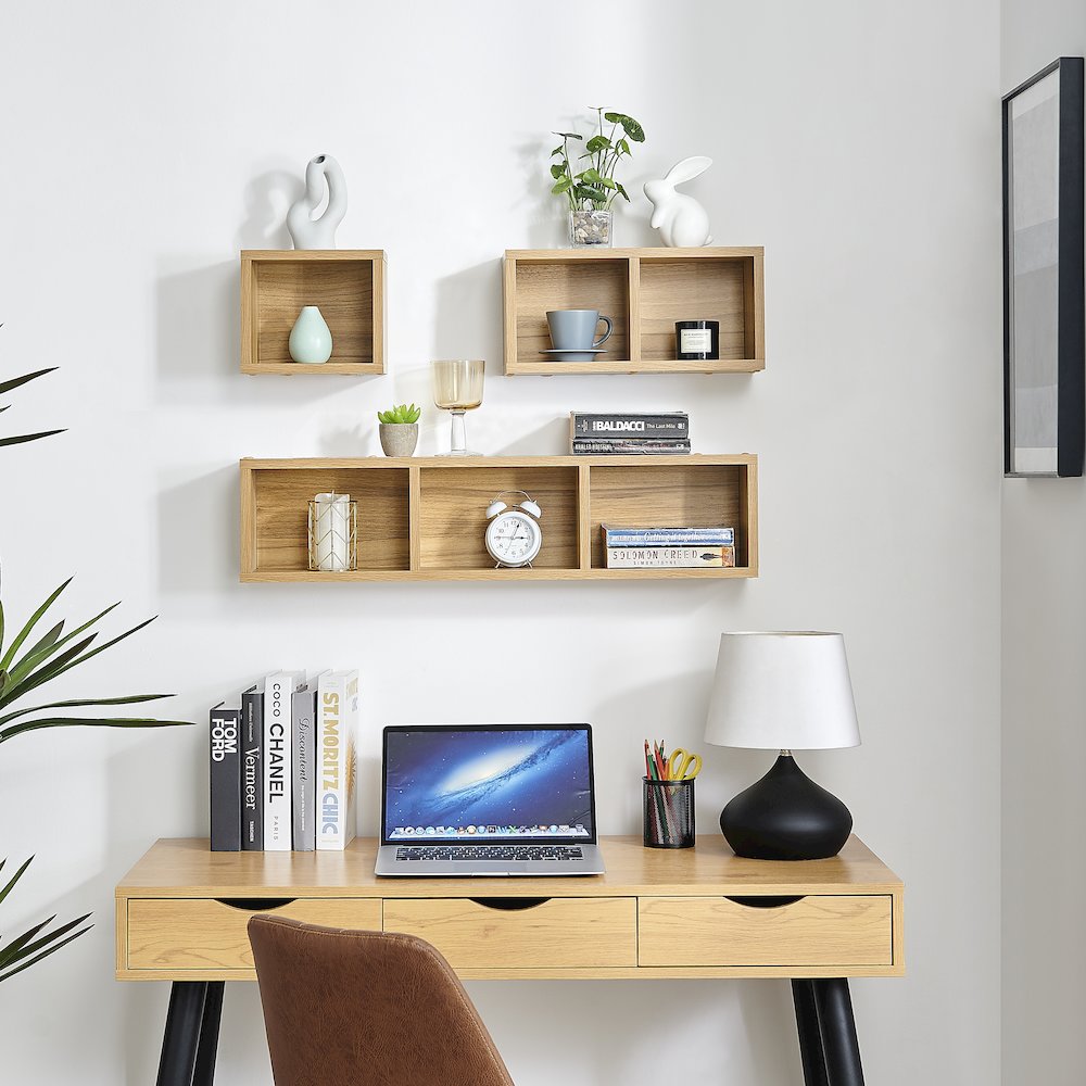 Bauhaus Floating Geometric Cubby Wall Shelves - Set of 3 Sizes - Chestnut. Picture 2