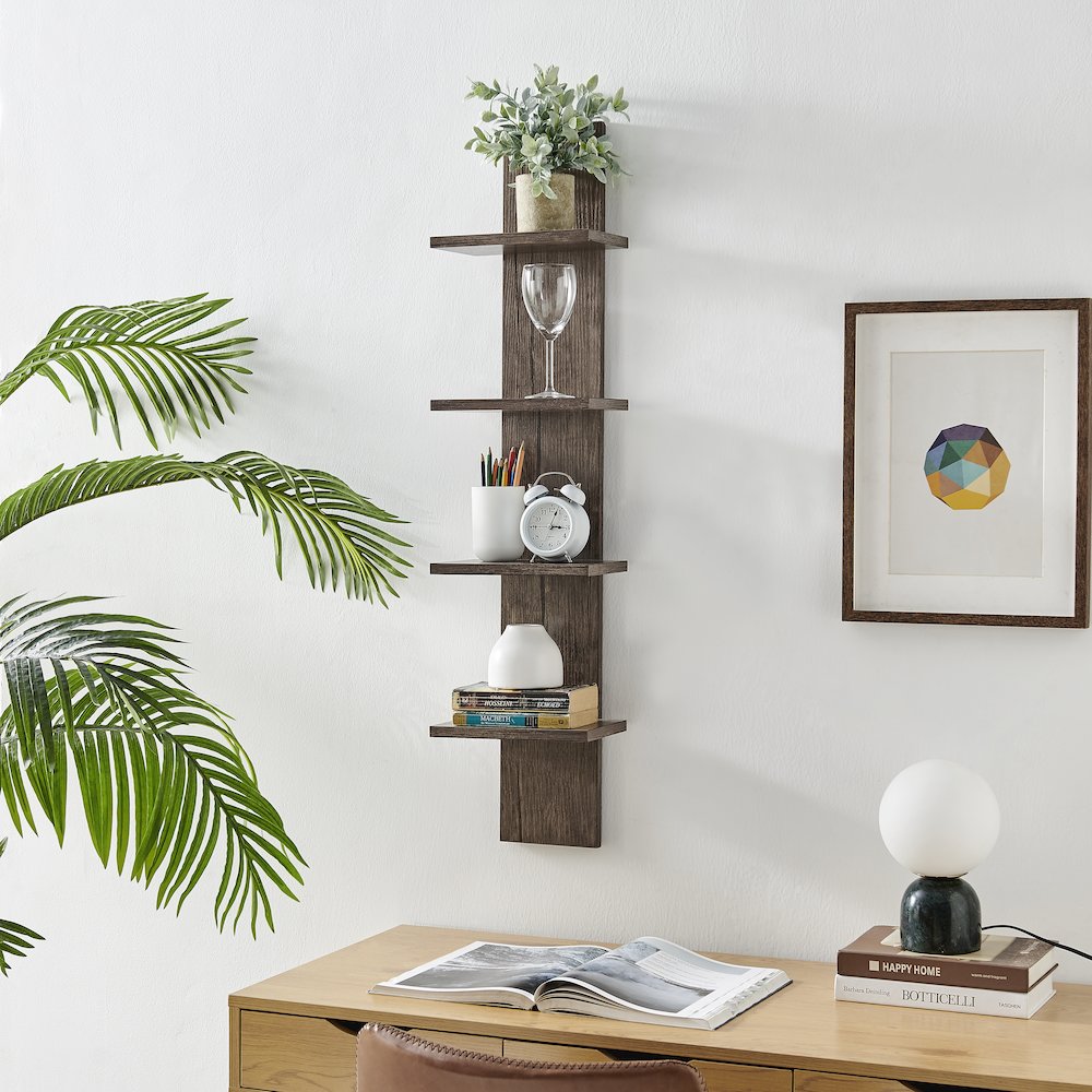 Arica Utility Column 4-Tier Spine Wall Shelves - Hickory. Picture 8